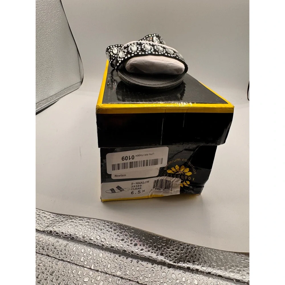 Yellow Box Premium P-Warlow Black Leather Jeweled Rhinestone Slide Sandals 6.5 M - Picture 6 of 6